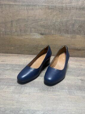 Clarks Unstructured Cosmo Step Blue Leather Block Heels Women's Size 11